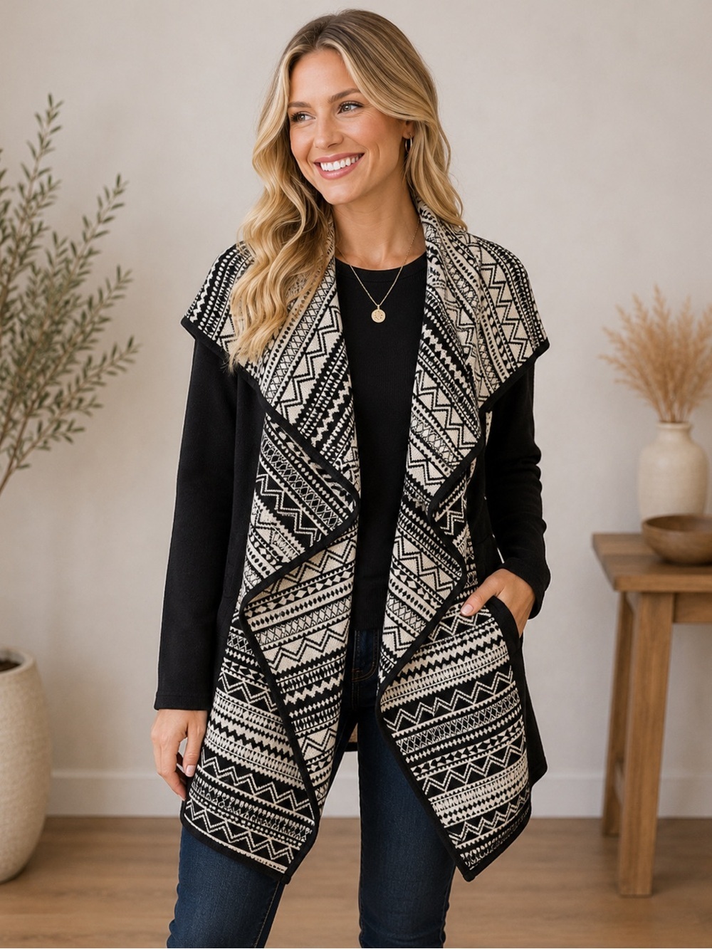 GB Cardigan Size S Black and White Aztec Tribal Open Front Design